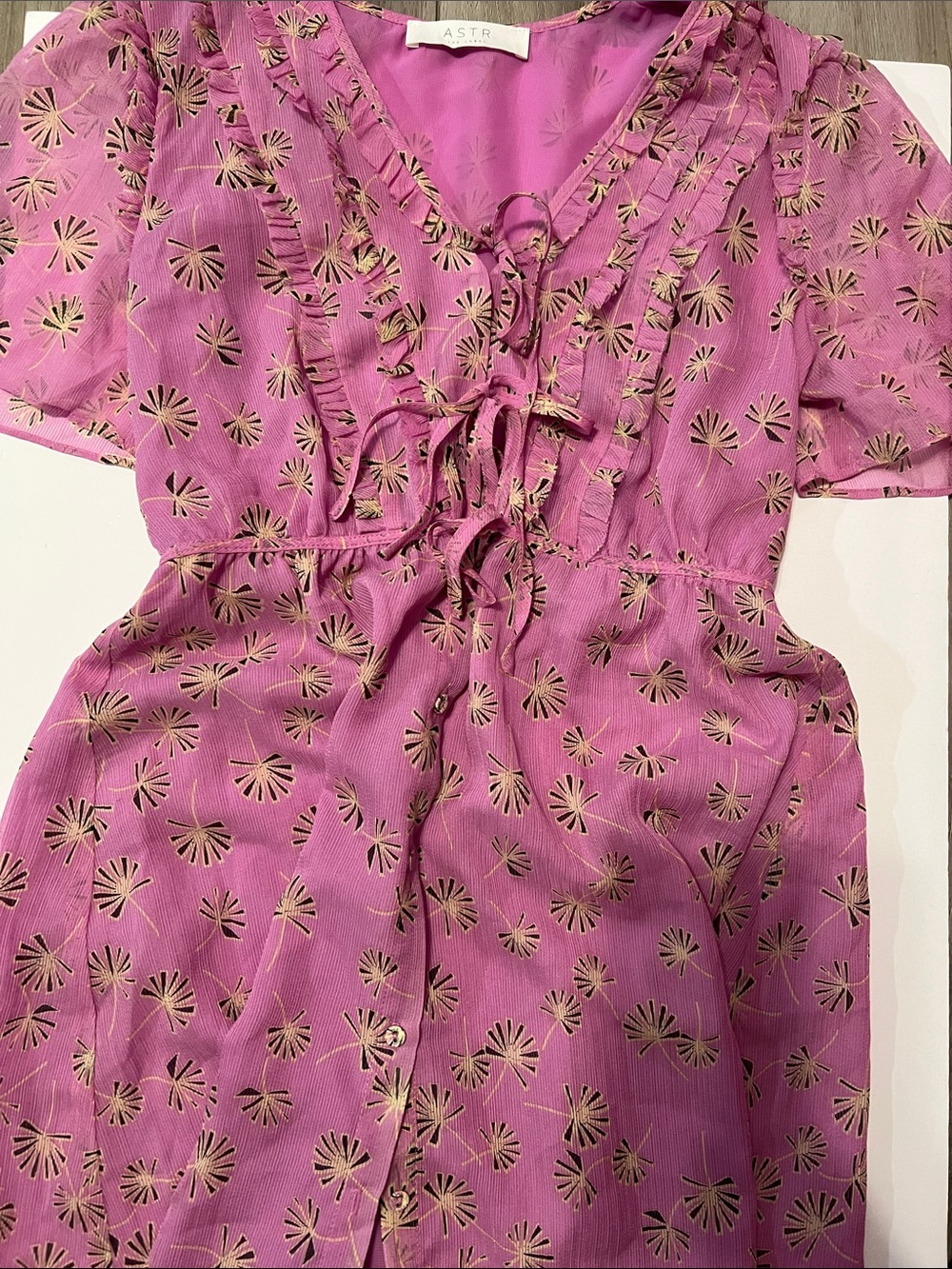 ASTR Magenta Dress with Gold Floral Print and Tie Front